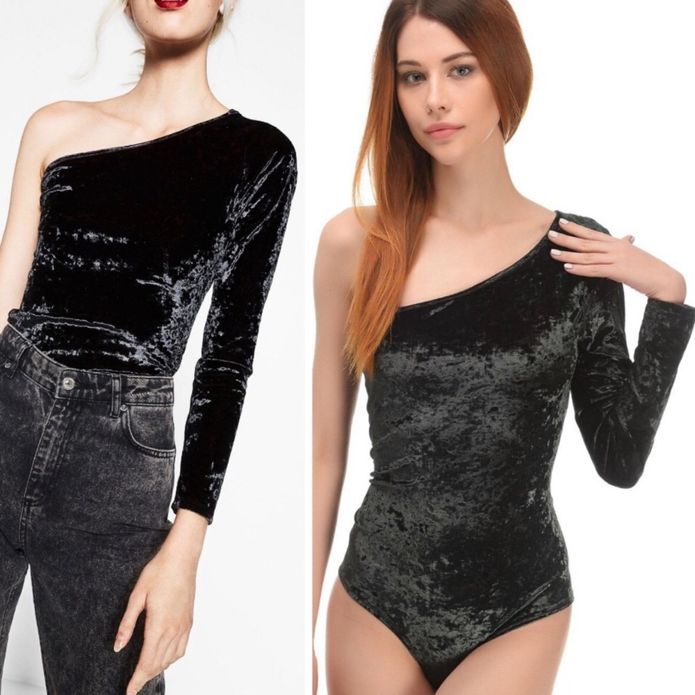Zara black velour one-sleeve bodysuit
